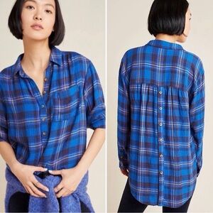 Anthropologie Isadora Button-Back Tunic Plaid Blue Top | Size M